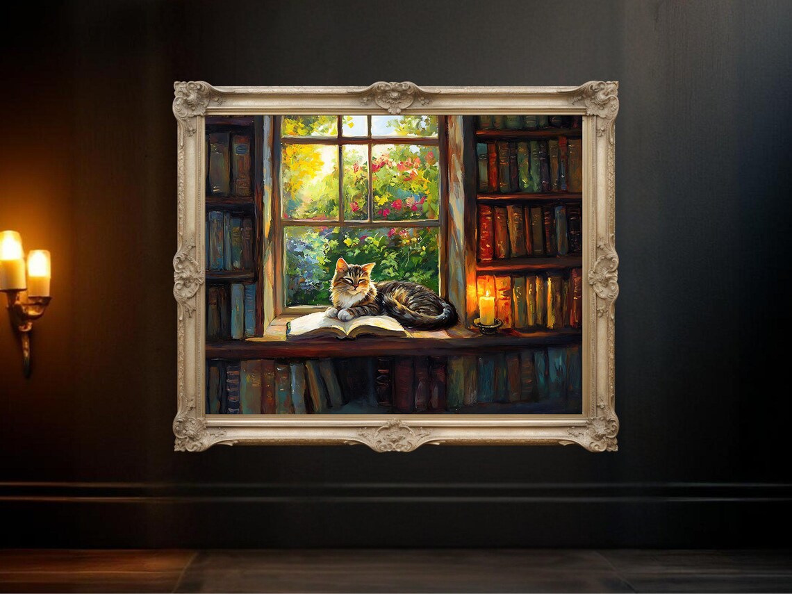 Cozy Cat And Candle, Library Candlelight Art Print