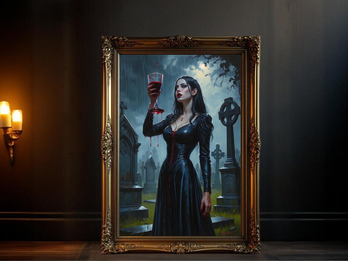 Gothic Vampire Woman Poster, Dark Cemetery Scene