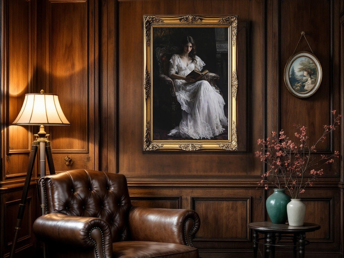 Vintage Woman Reading In Armchair, Dark Academia Art - Image 2
