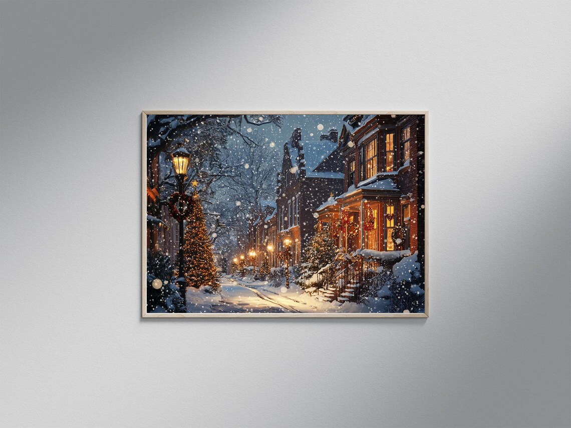 Christmas Night Street Scene, Festive Winter Village
