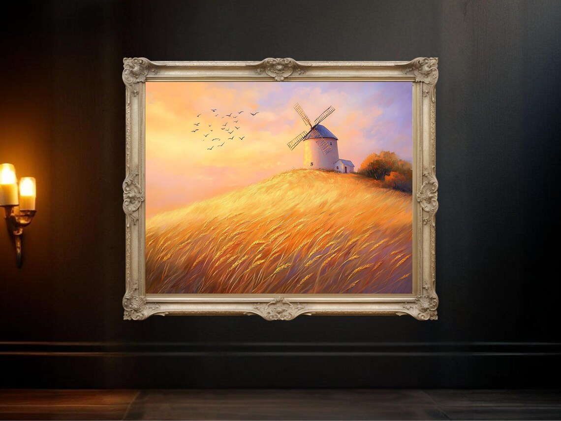 Windmill in Golden Fields, Sunset Landscape Art Print