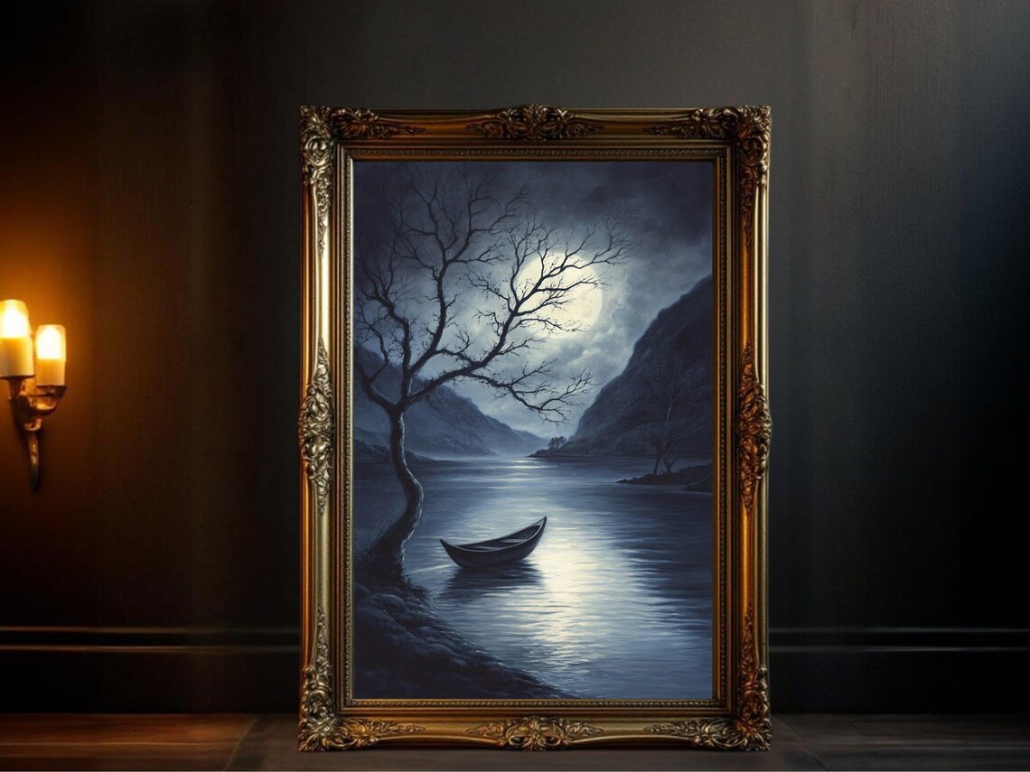 Moonlit Boat Scene, Dark Academia Nature Landscape