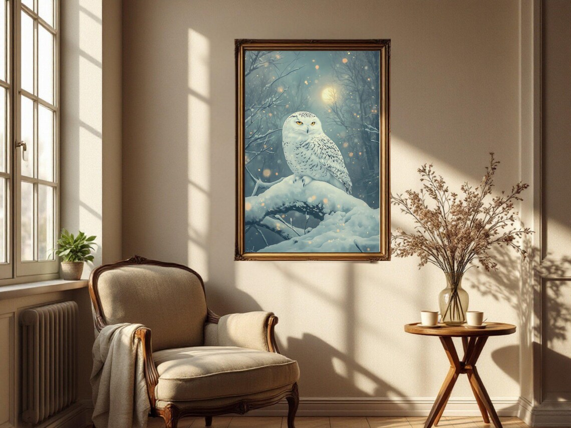 Snow Owl, Winter Night Animal Illustration Art Print - Image 2