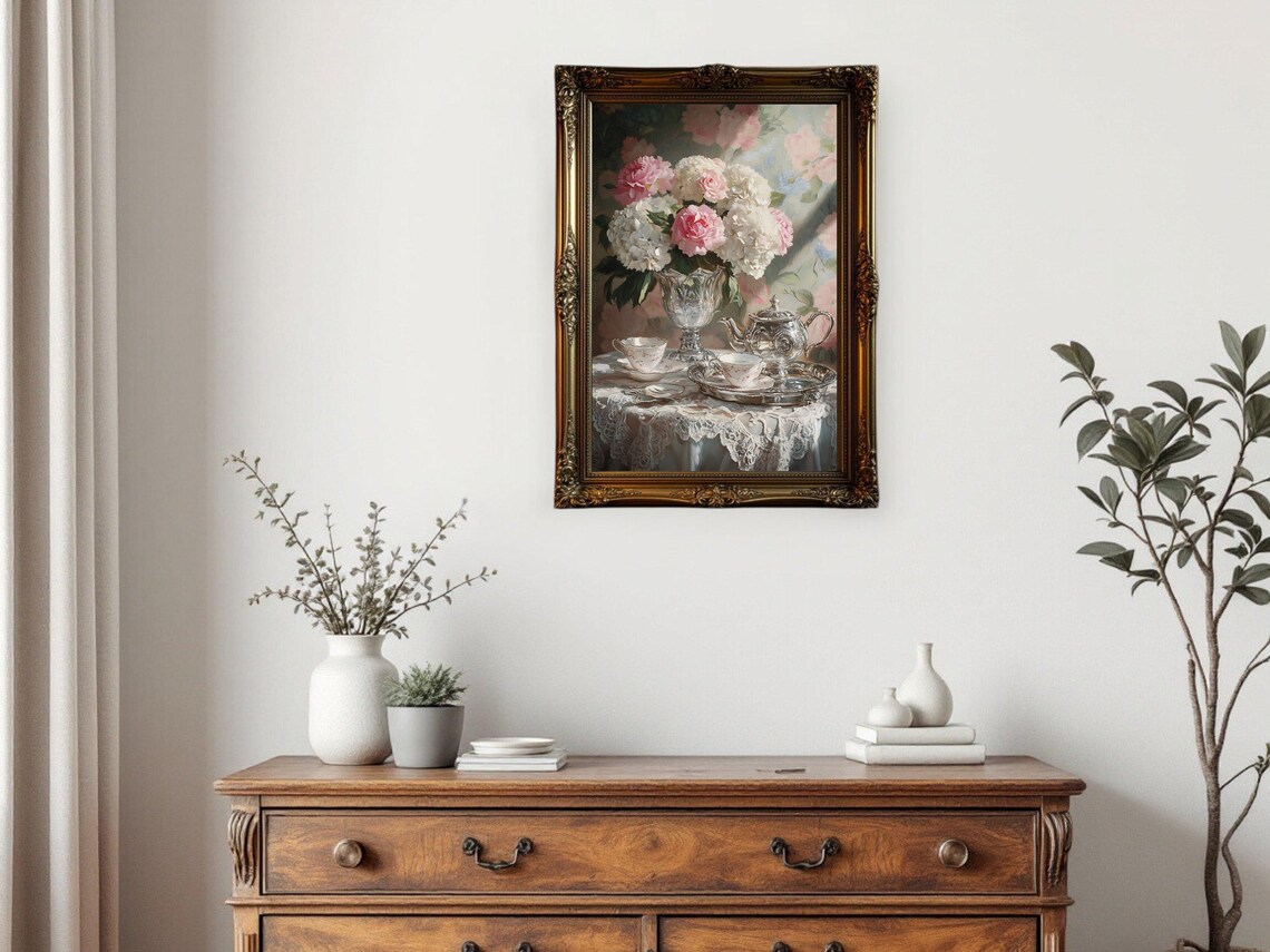 Vintage Floral Tea Setting, Classic Still Life Art Print - Image 3