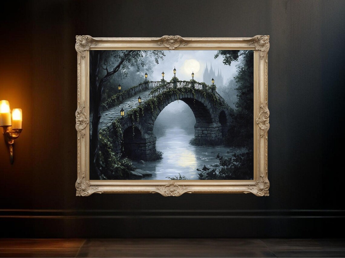 Mystical Moonlit Bridge, Gothic Castle Landscape Print