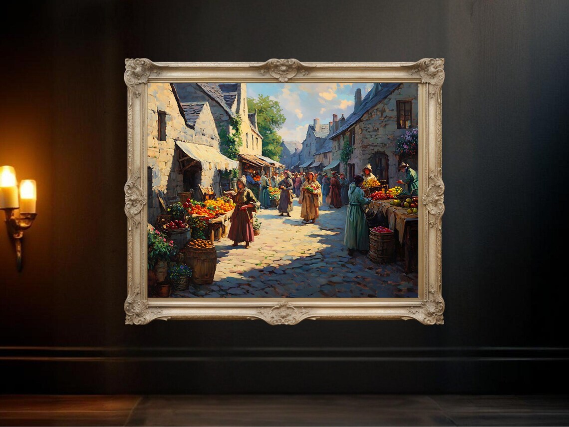 Village Market Street Scene, Vintage Rustic Print