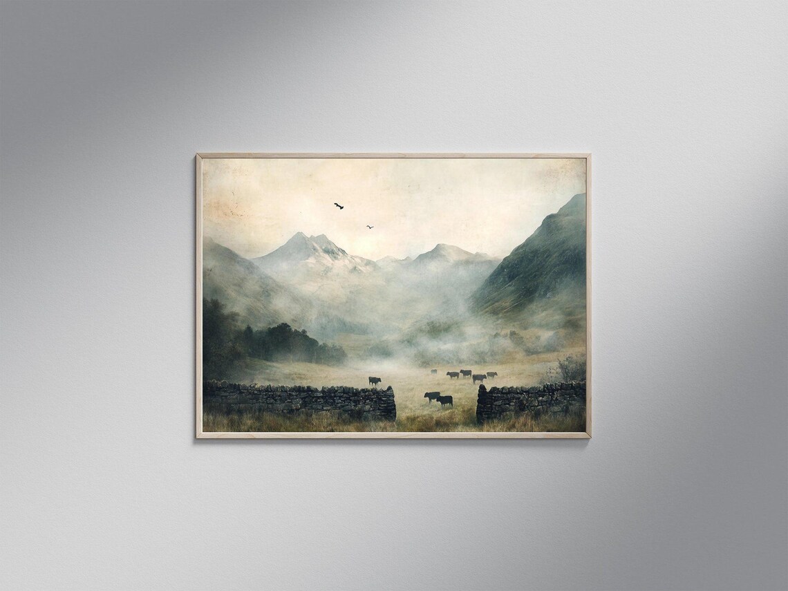 Highland Cattle In Misty Mountain Valley, Rustic Landscape