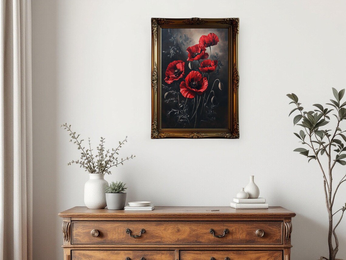 Red Poppies Vintage Oil Painting Botanical Art - Image 3