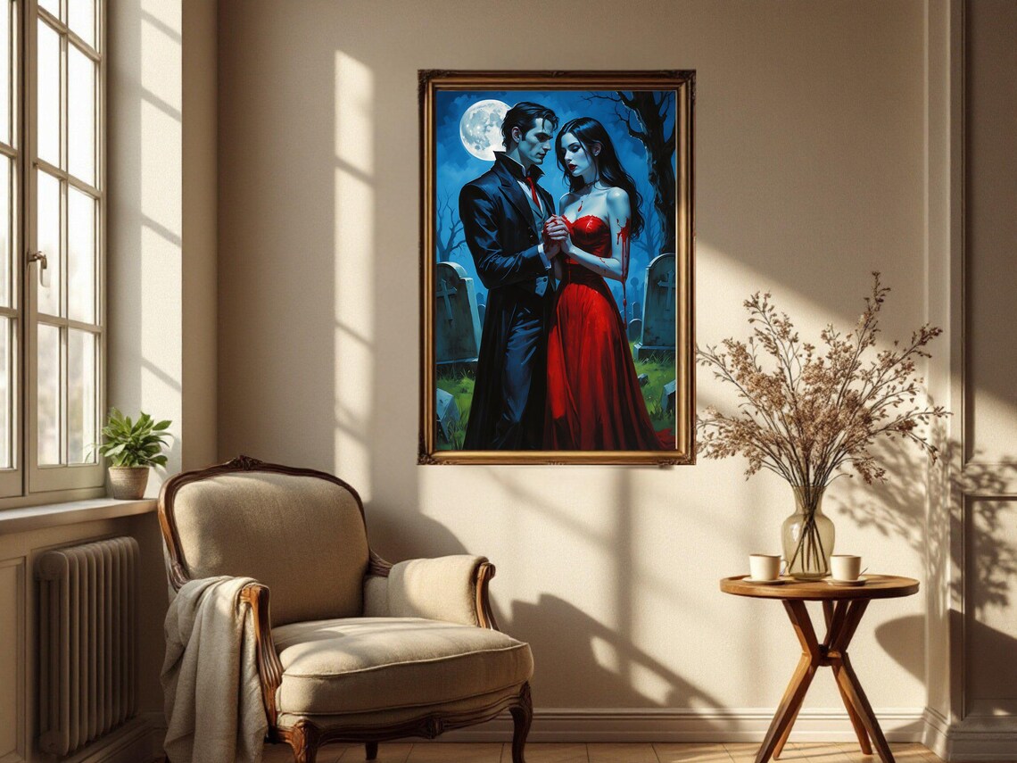 Gothic Vampire Couple, Moonlit Cemetery Art Print - Image 2