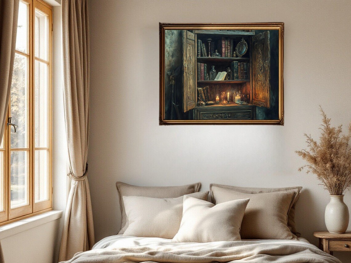 Vintage Bookshelf Art Print, Cozy Library Decor - Image 2