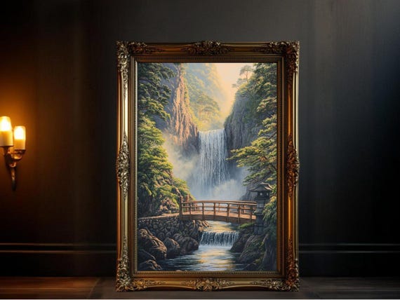 Serene Waterfall Bridge Art Print, Forest Landscape