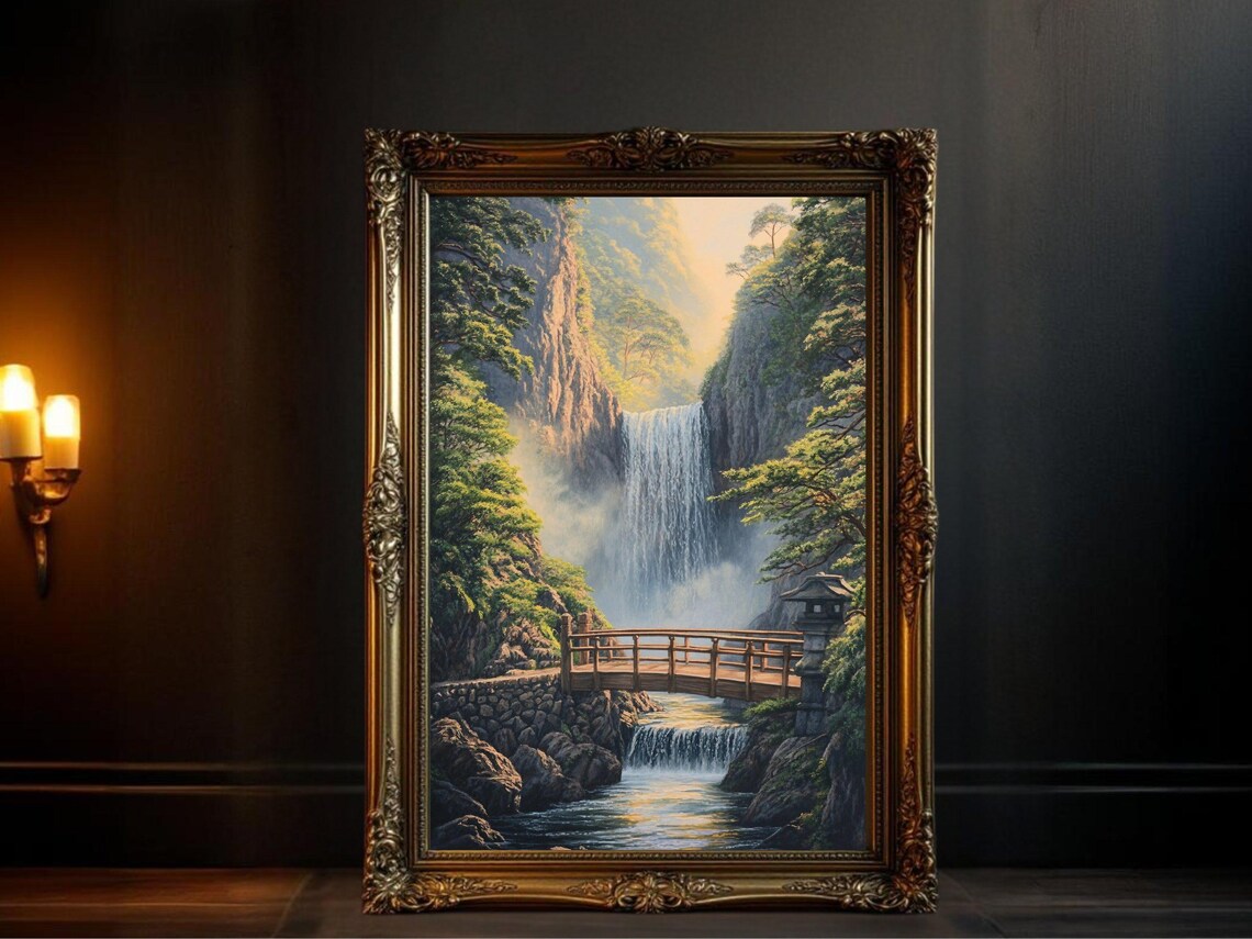 Serene Waterfall Bridge Art Print, Forest Landscape