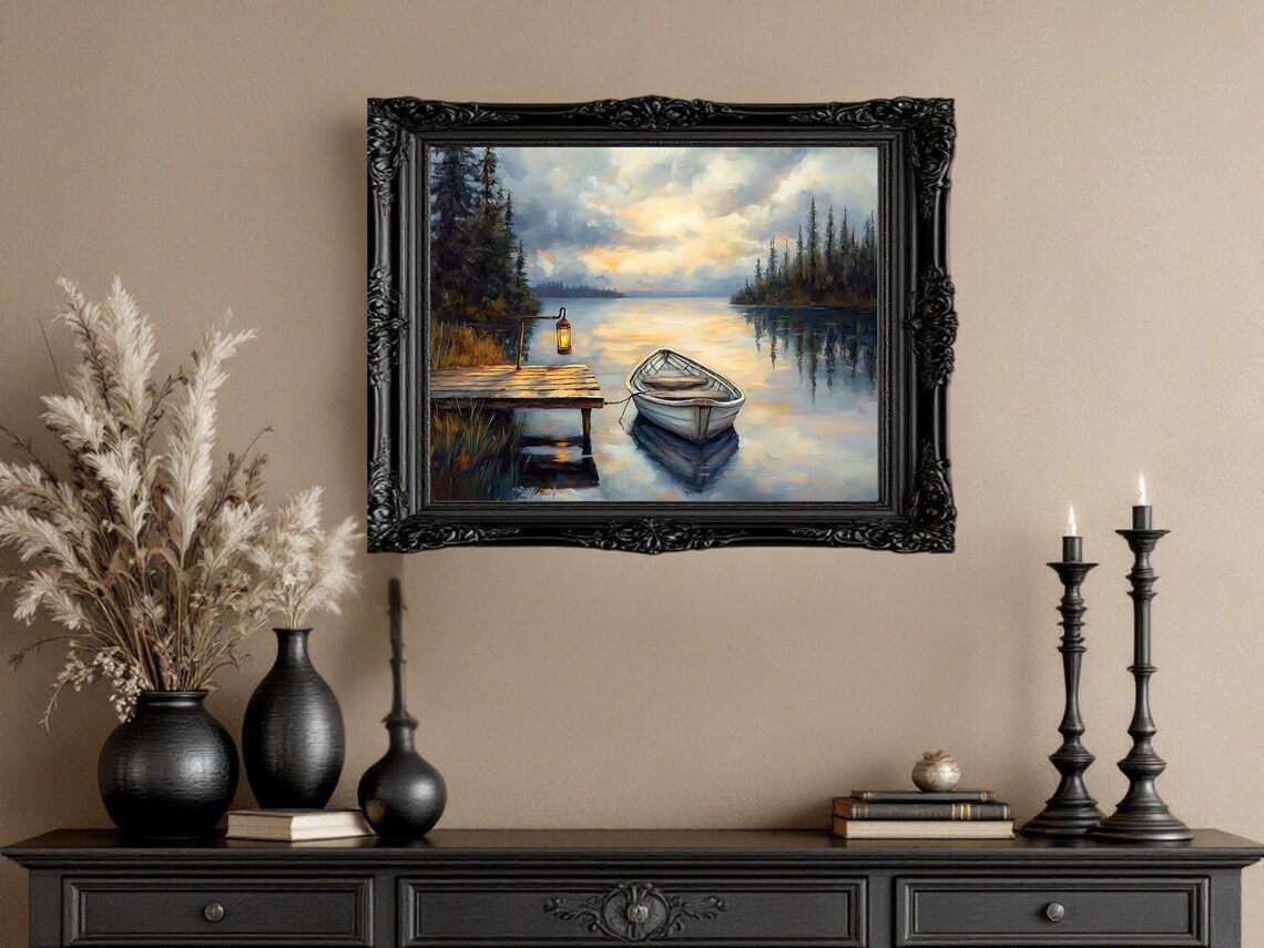 Serene Lake With Boat Lantern, Peaceful Forest Landscape - Image 2