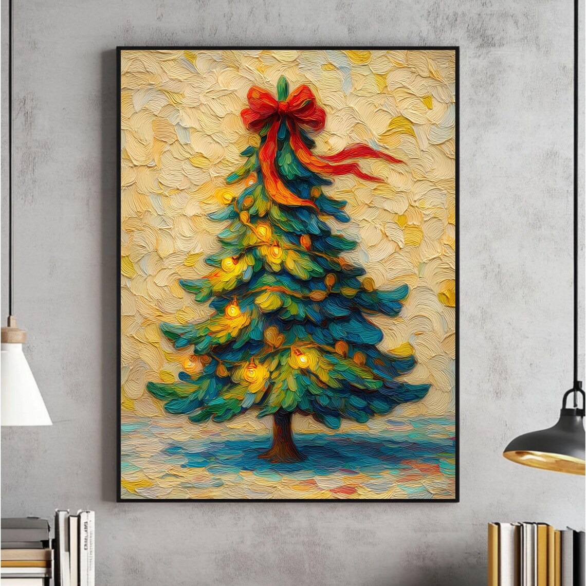 Christmas Tree With Red Bow Impasto Oil Painting Holiday Poster
