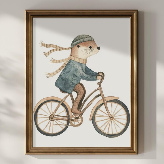 Otter With Beanie Riding Bicycle Watercolor Kids Nursery Room Art Poster