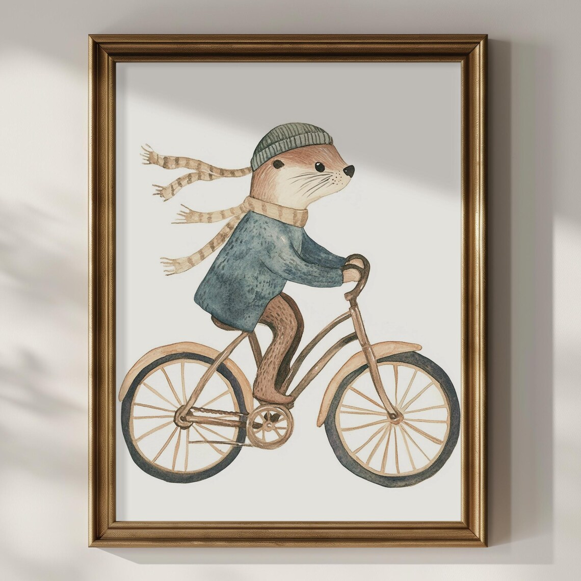 Otter With Beanie Riding Bicycle Watercolor Kids Nursery Room Art Poster
