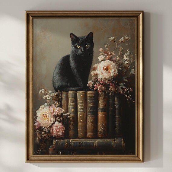 Black Cat Books Dark Academia Vintage Art Print