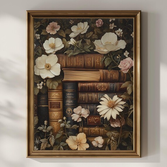 Stack of Vintage Books with White Roses Dark Floral Oil Poster