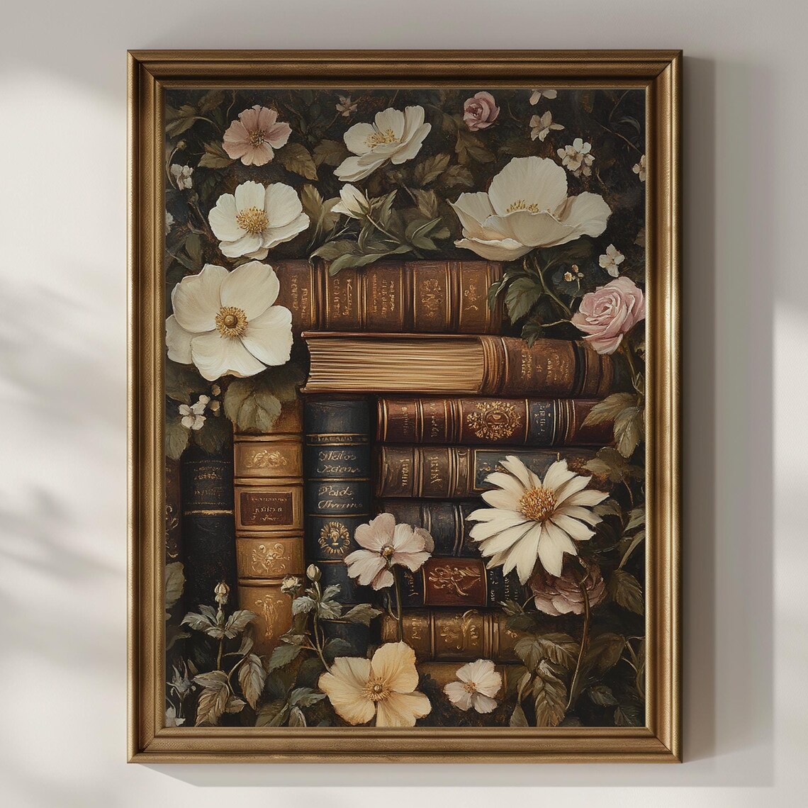 Stack of Vintage Books with White Roses Dark Floral Oil Poster