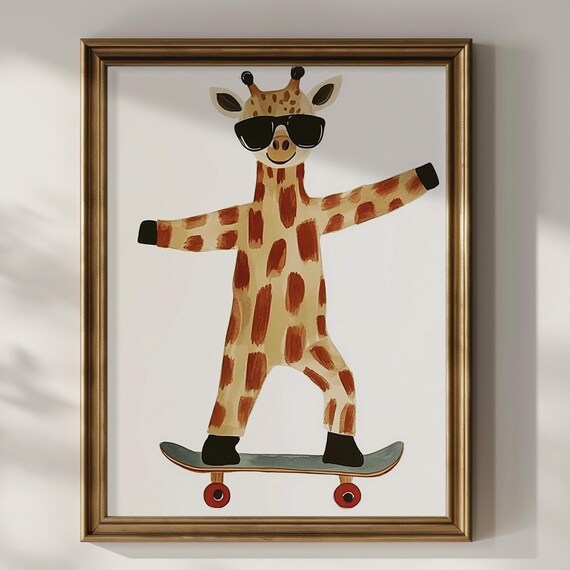 Giraffe Wearing Sunglasses Riding Skateboard Watercolor Kids Room Poster