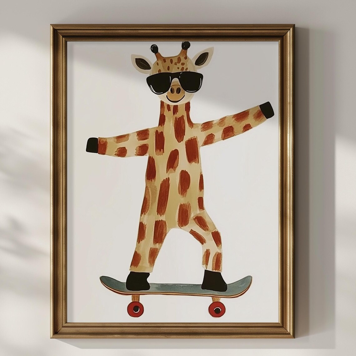 Giraffe Wearing Sunglasses Riding Skateboard Watercolor Kids Room Poster