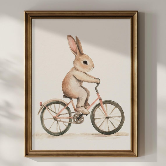 Bunny Riding Bicycle Wall Art Funny Cute Kids Room Nursery Wall Decor Watercolor Animal Bunny On Bike Gift Idea