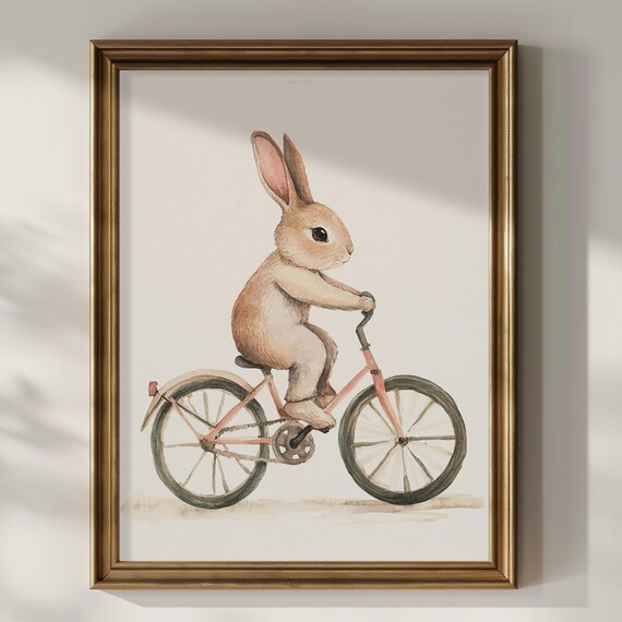 Bunny Riding Pink Bicycle Watercolor Nursery Kids Room Wall Poster