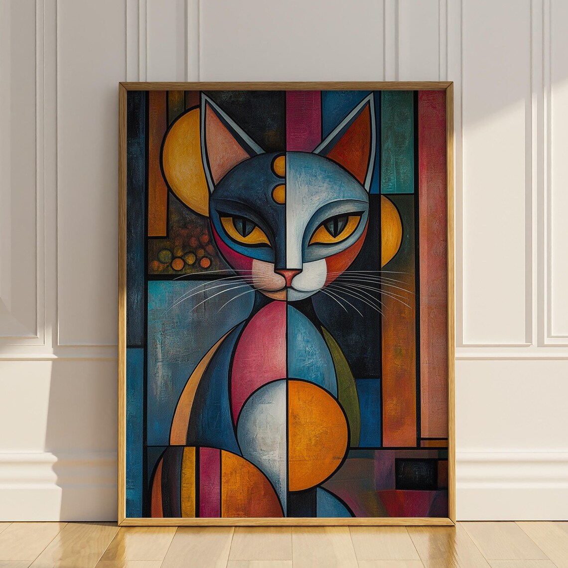 Colorful Cubist Cat Portrait With Split Blue Face Geometric Poster