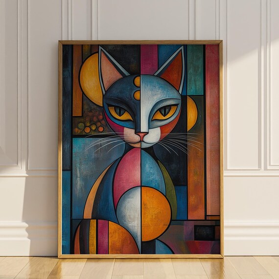 Colorful Cubist Cat Portrait With Split Blue Face Geometric Poster