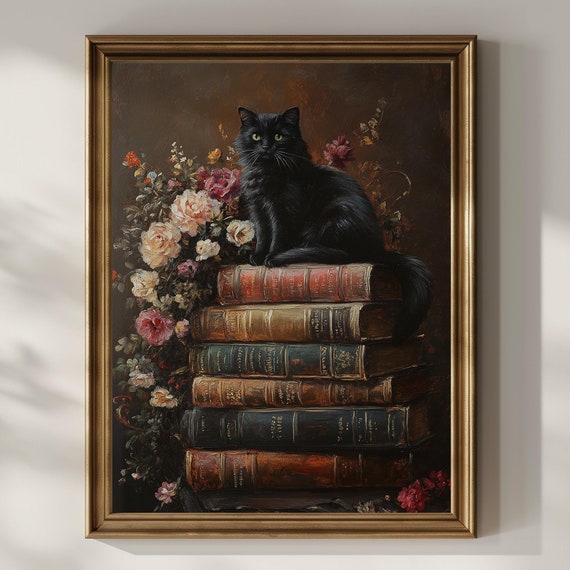 Black Cat Books Poster Print Vintage Oil Painting Wildflowers Wall Art Dark Academia Wall Decor Floral Flowers Book Lover Gifts Matte Poster