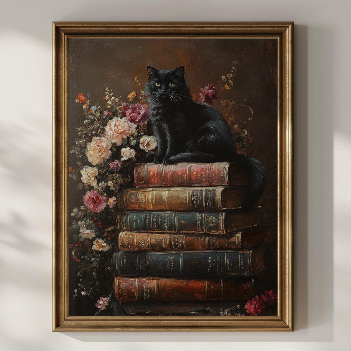 Black Cat Books Poster Print Vintage Oil Painting Wildflowers Wall Art Dark Academia Wall Decor Floral Flowers Book Lover Gifts Matte Poster