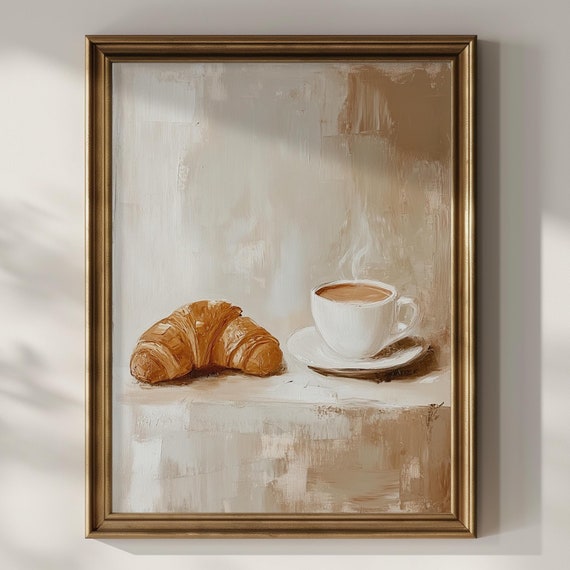 Coffee Station Wall Art Coffee Cup Croissant Still Life Vintage Oil Painting Kitchen Wall Decor Sign Gift