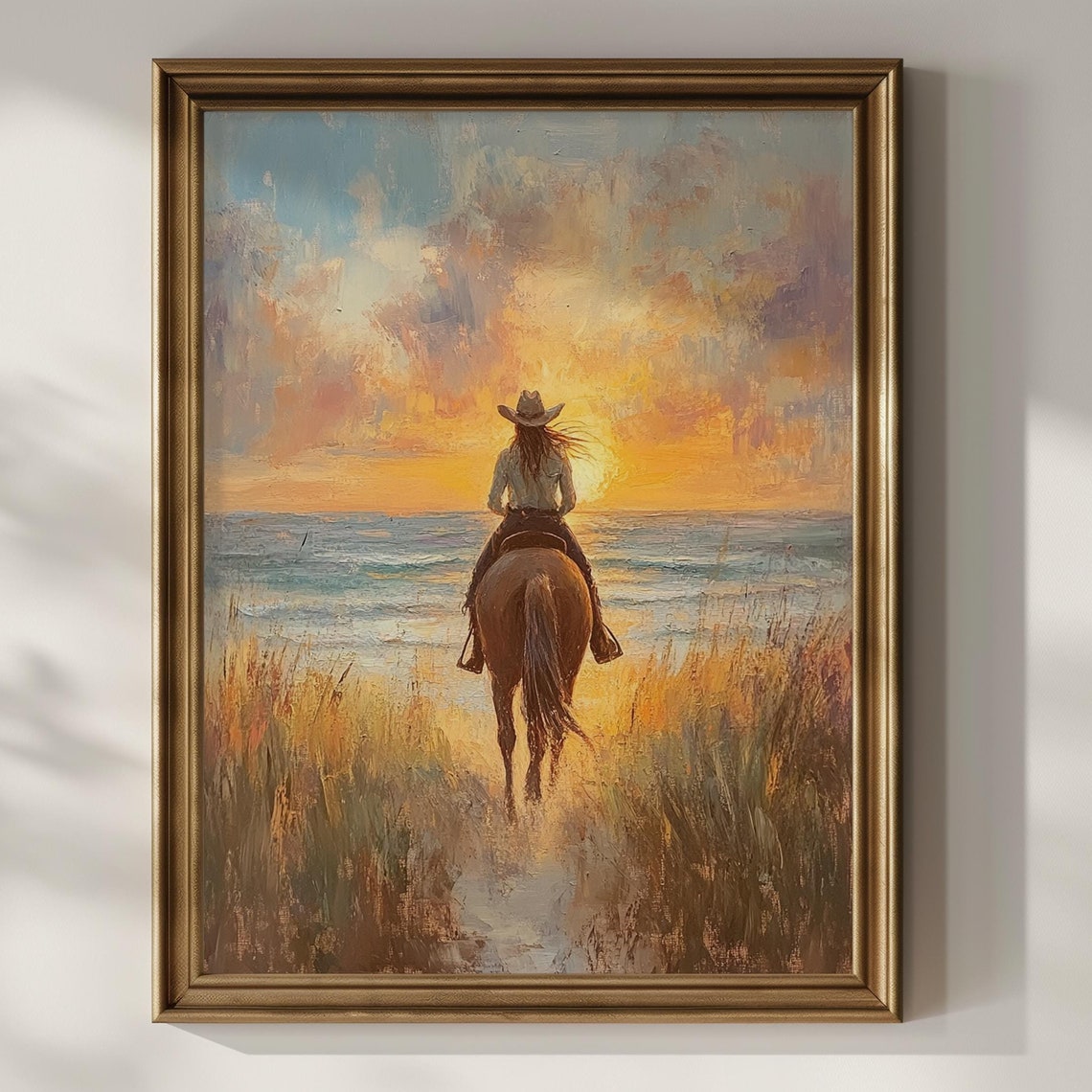 Cowgirl Poster Print Wall Art Coastal Horse Riding Beach Sunset Wall Decor Vintage Oil Painting Cowboy Preppy Room Western Matte Poster
