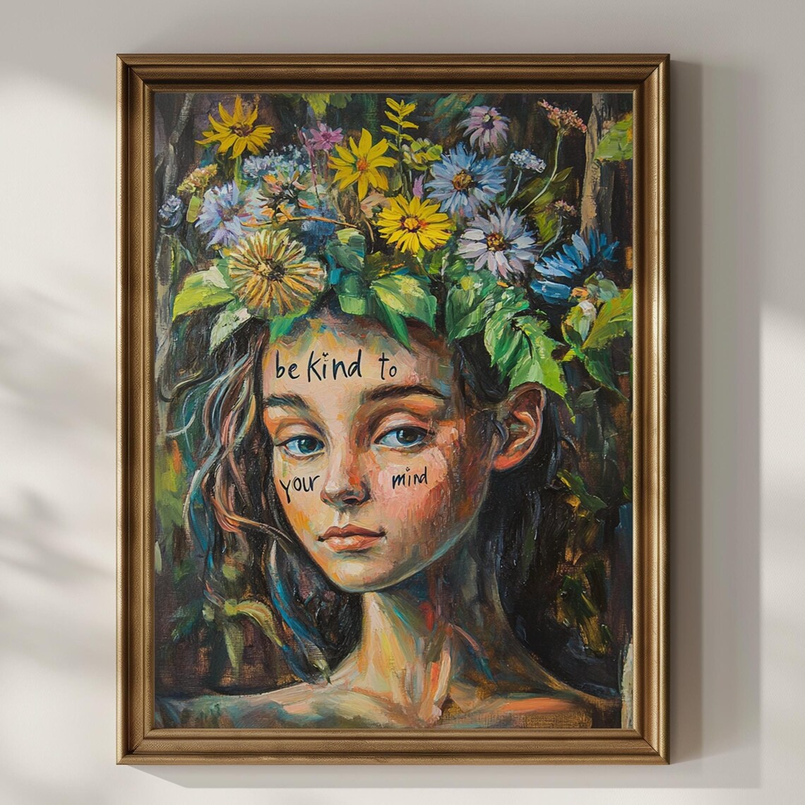 Be Kind to Your Mind Wildflower Crown Girl Oil Painting Poster