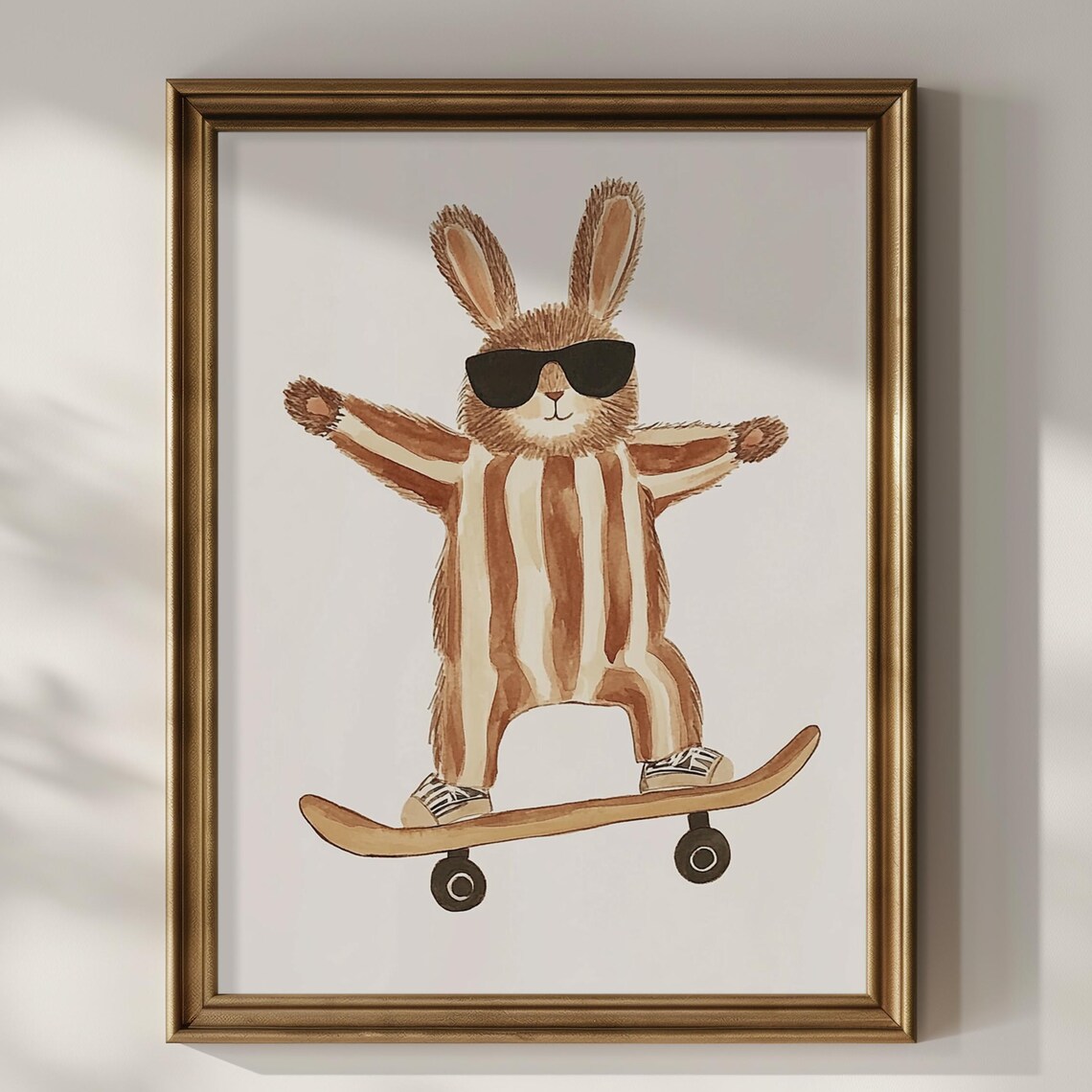Bunny Wearing Sunglasses Riding Skateboard Watercolor Kids Room Poster