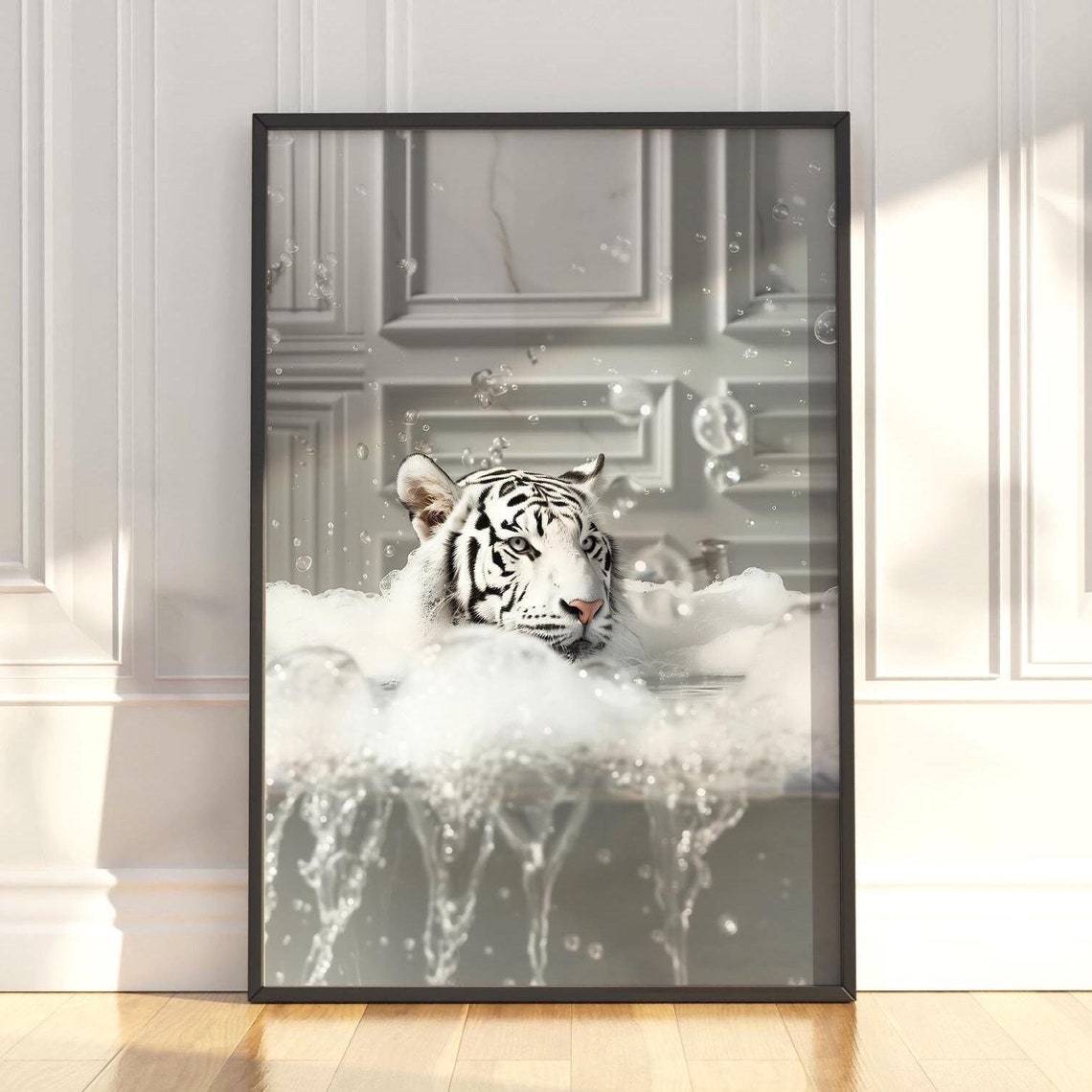 White Tiger Soaking In A Bubble Bath Funny Bathroom Animal Poster