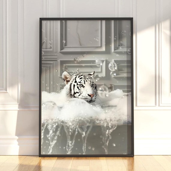 White Tiger In Bathtub Print Funny Posters Cheetah Poster Bathroom Prints Tiger Wall Print Bathroom Decor Bathroom Wall Art Tiger Poster
