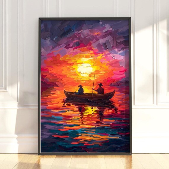 Fishermen Rowing A Canoe Through A Blazing Sunset Seascape Poster