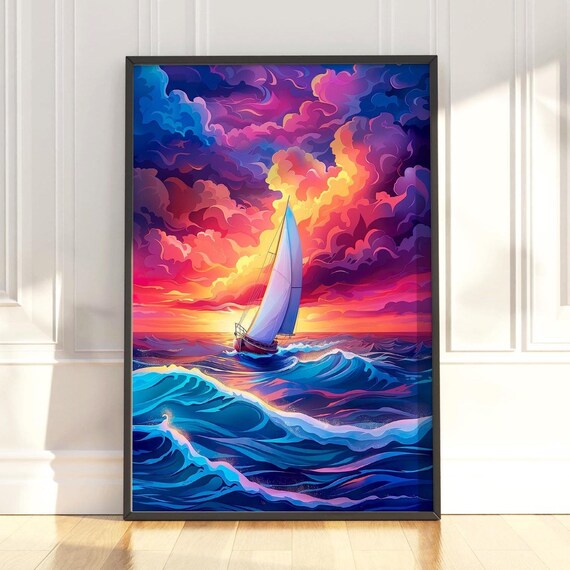 Sailboat Gliding Through Waves Beneath A Vivid Magenta Sunset Poster