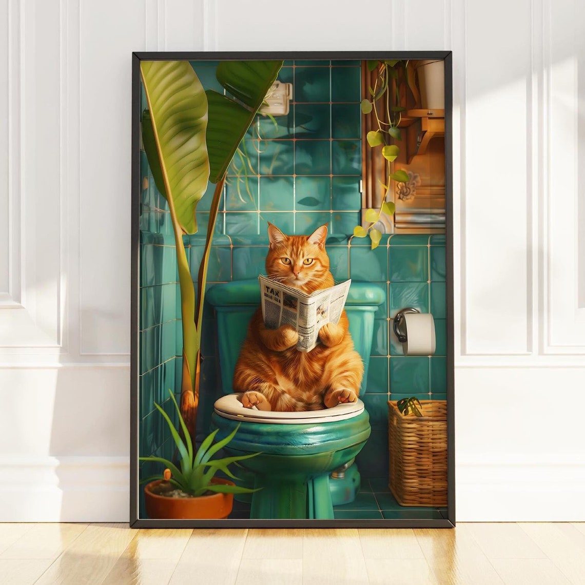 Orange Tabby Cat Reading Newspaper On A Teal Toilet Funny Poster