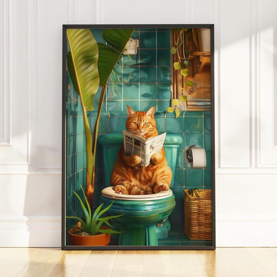 Orange Tabby Cat Reading Newspaper On A Teal Toilet Funny Poster