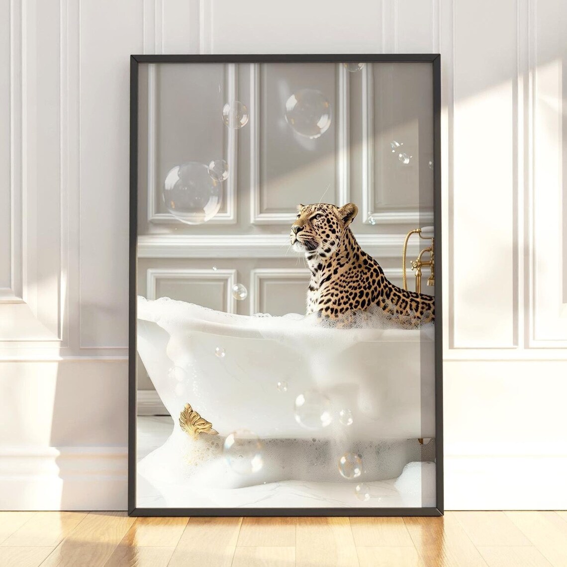 Leopard In Bathtub Maximalist Bathroom Art Print