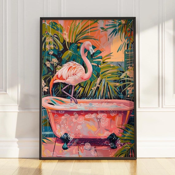 Flamingo In Bathtub Print Gift Pink Flamingo Wall Art Bathroom Wall Art Funny Bathroom Decor Pink Flamingo Poster Funny Bathroom Art Print