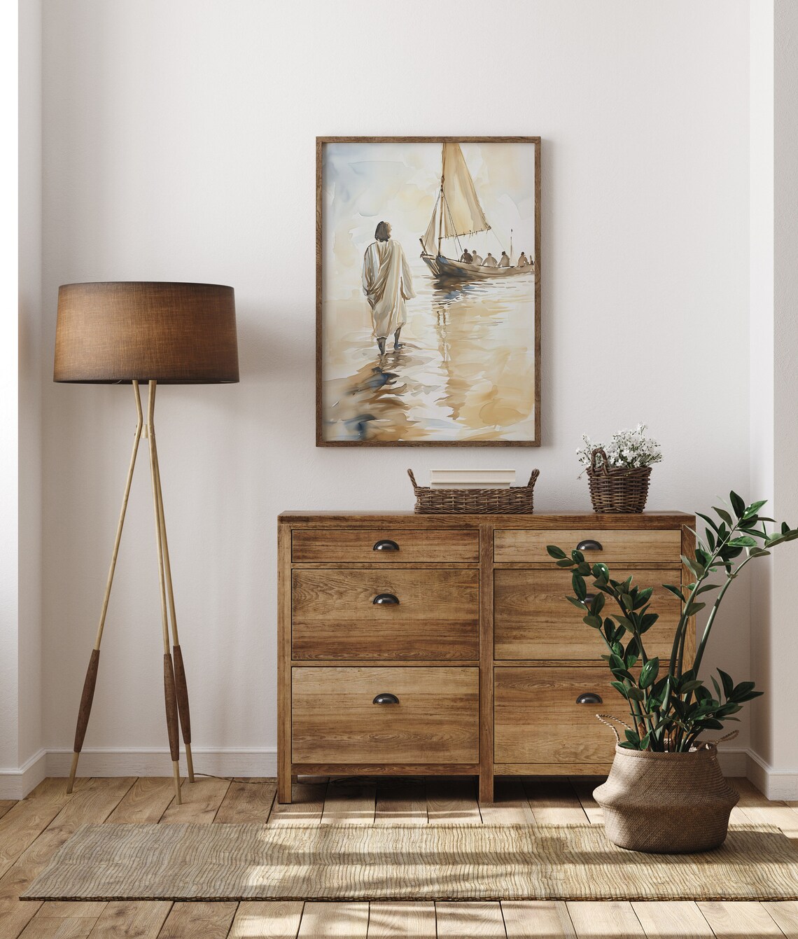 Jesus Walking to Disciples Boat Watercolor Christian Faith Poster - Image 2