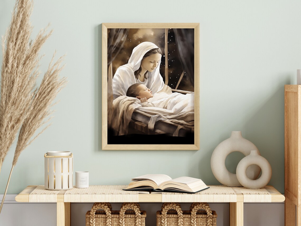 Mary Holding Baby Jesus in the Manger Night Nativity Watercolor Poster - Image 2