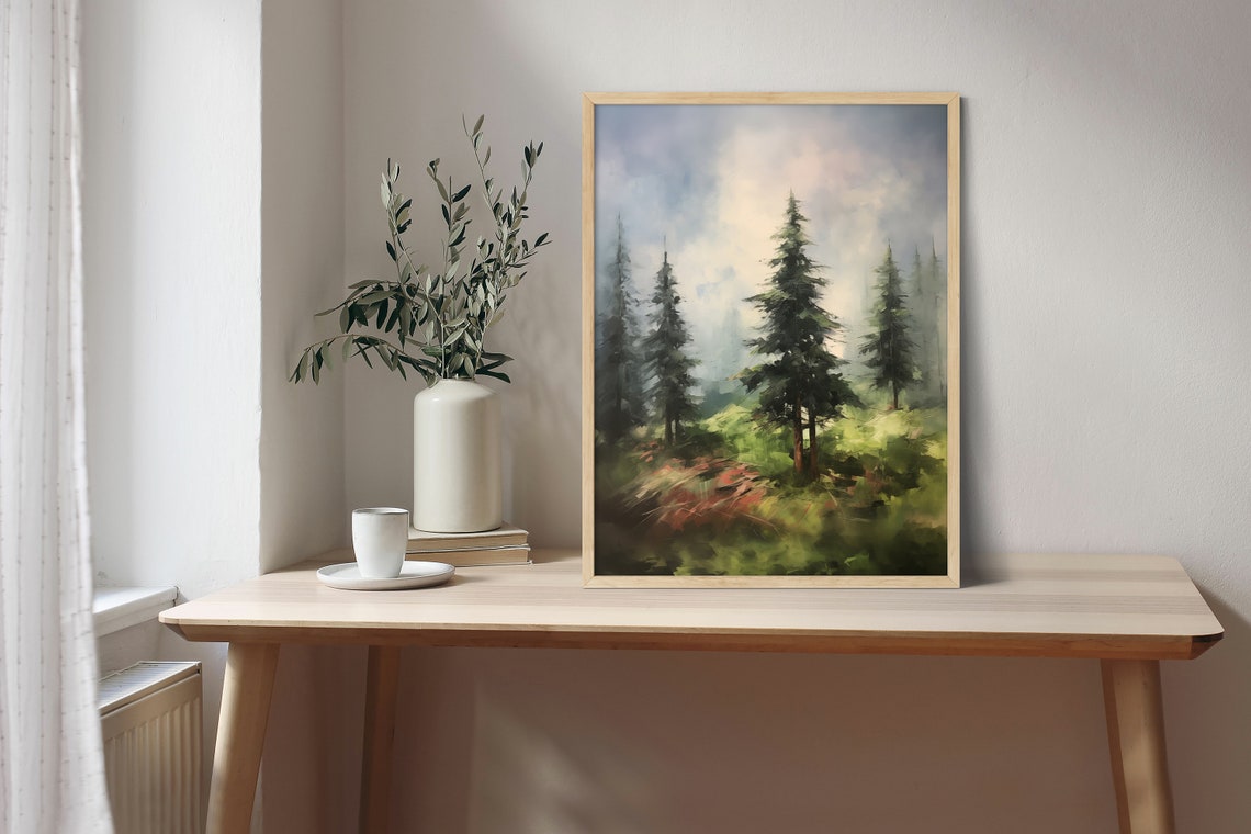 Misty Pine Forest Impressionist Painting Green Nature Art Poster - Image 2
