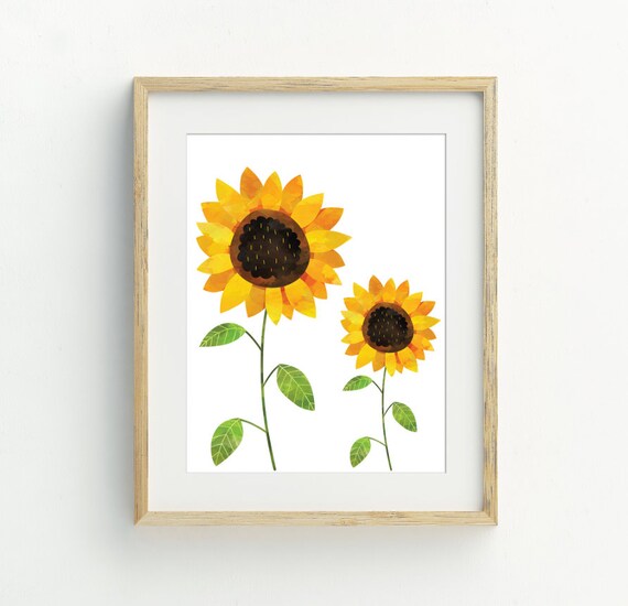 Two Yellow Sunflowers Watercolor Pair Summer Floral Botanical Poster