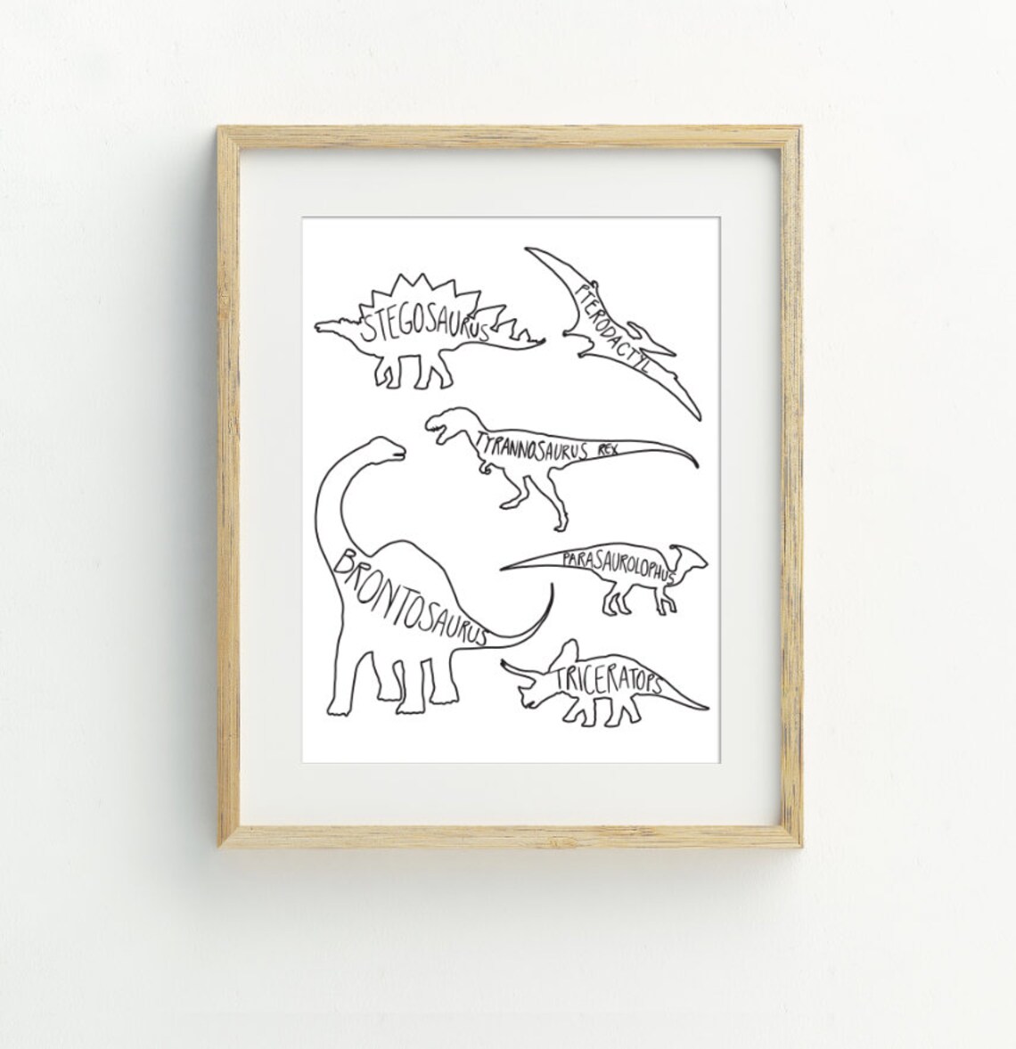 Labeled Dinosaur Species Line Art Educational Kids Dino Wall Art Print