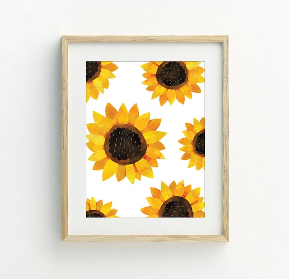 Watercolor Sunflower Pattern Bright Yellow Floral Botanical Wall Art