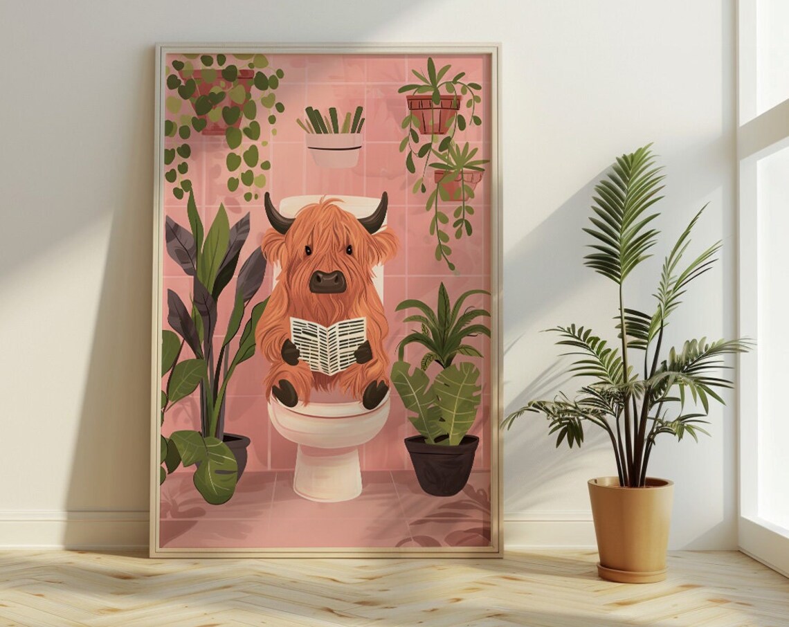 Vintage Highland Cow Reading Newspaper, Bathroom Poster
